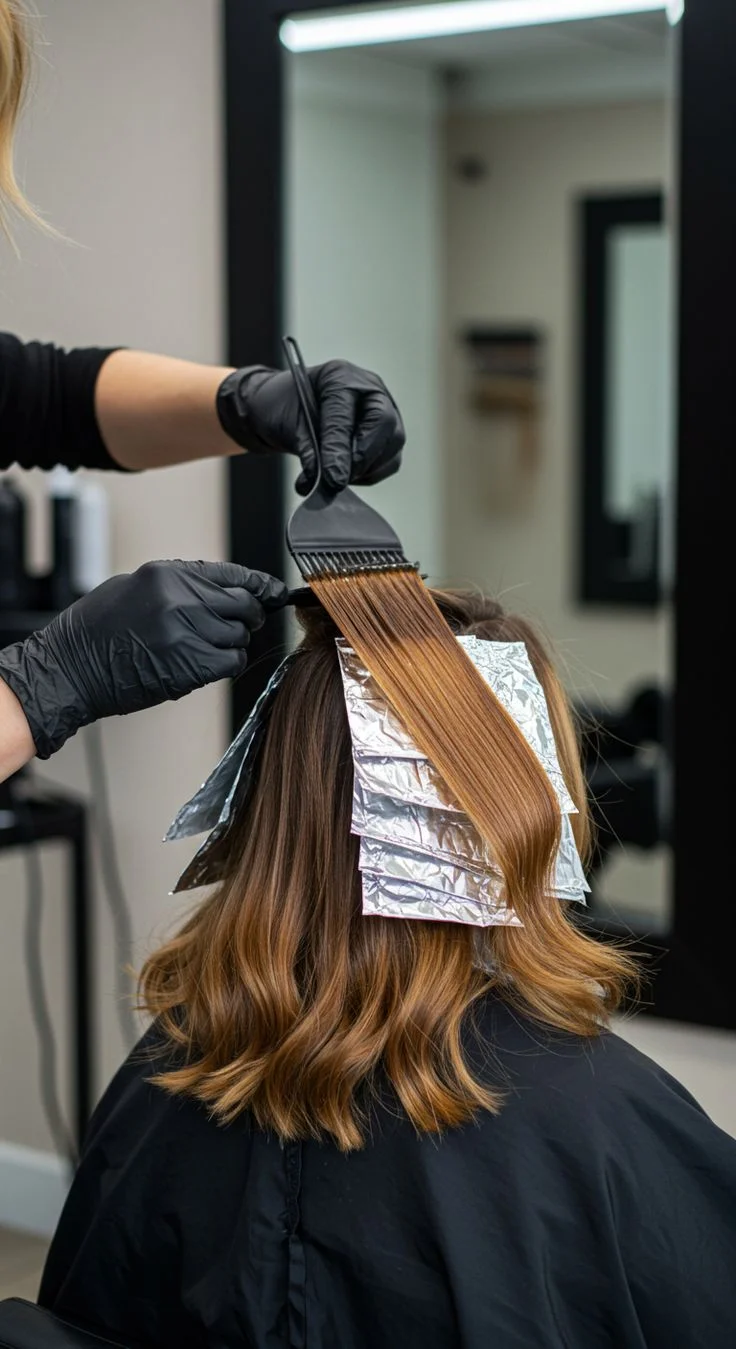 Hair colour being applied carefully with foils