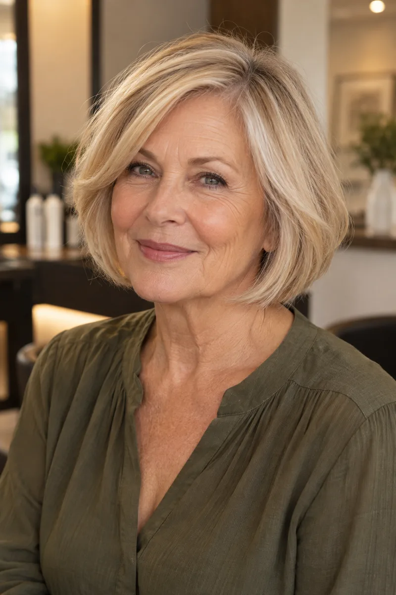 A chin-length cut with a side part and soft ends.