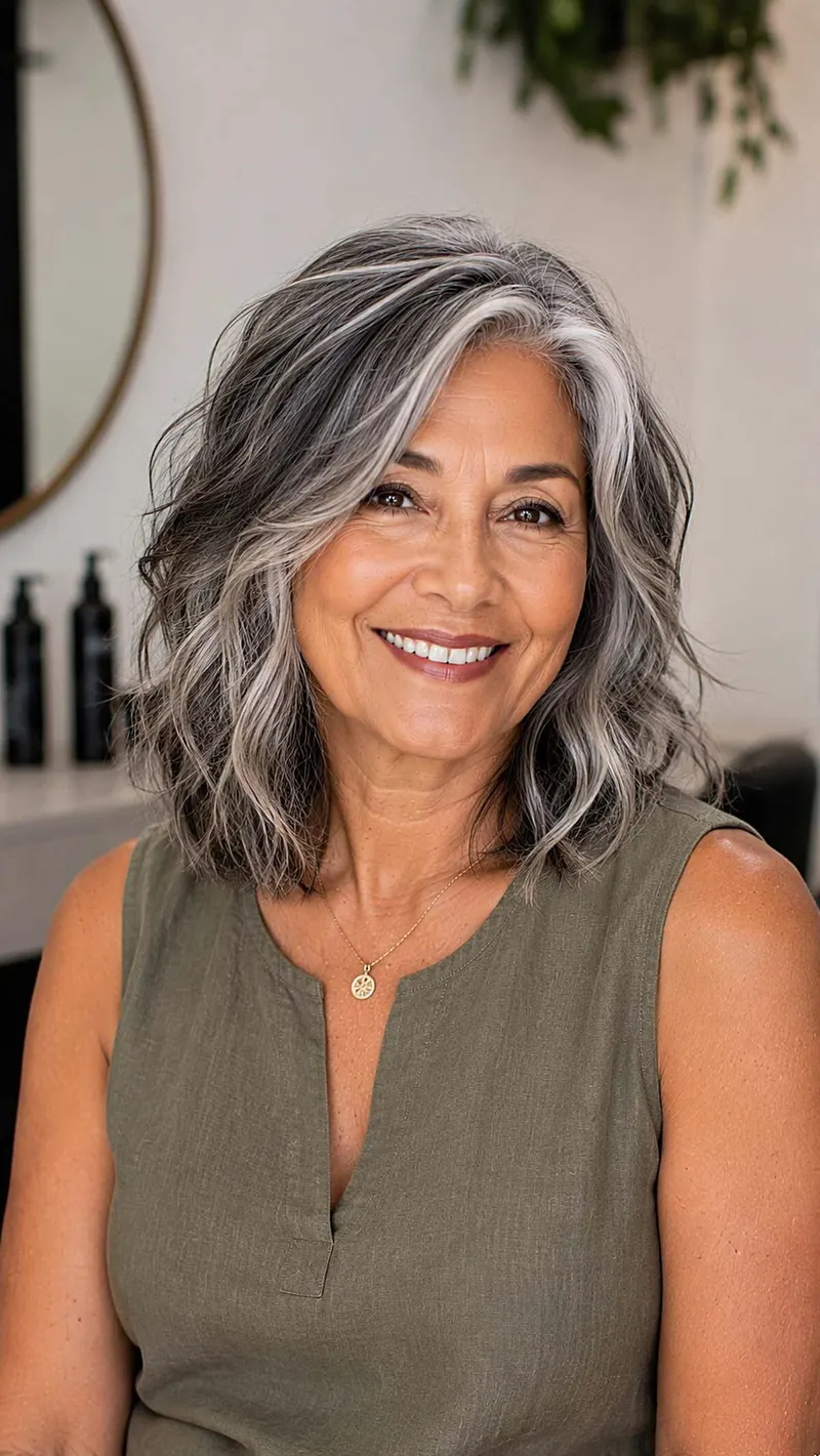 Soft, natural silver waves framing a smiling woman's face