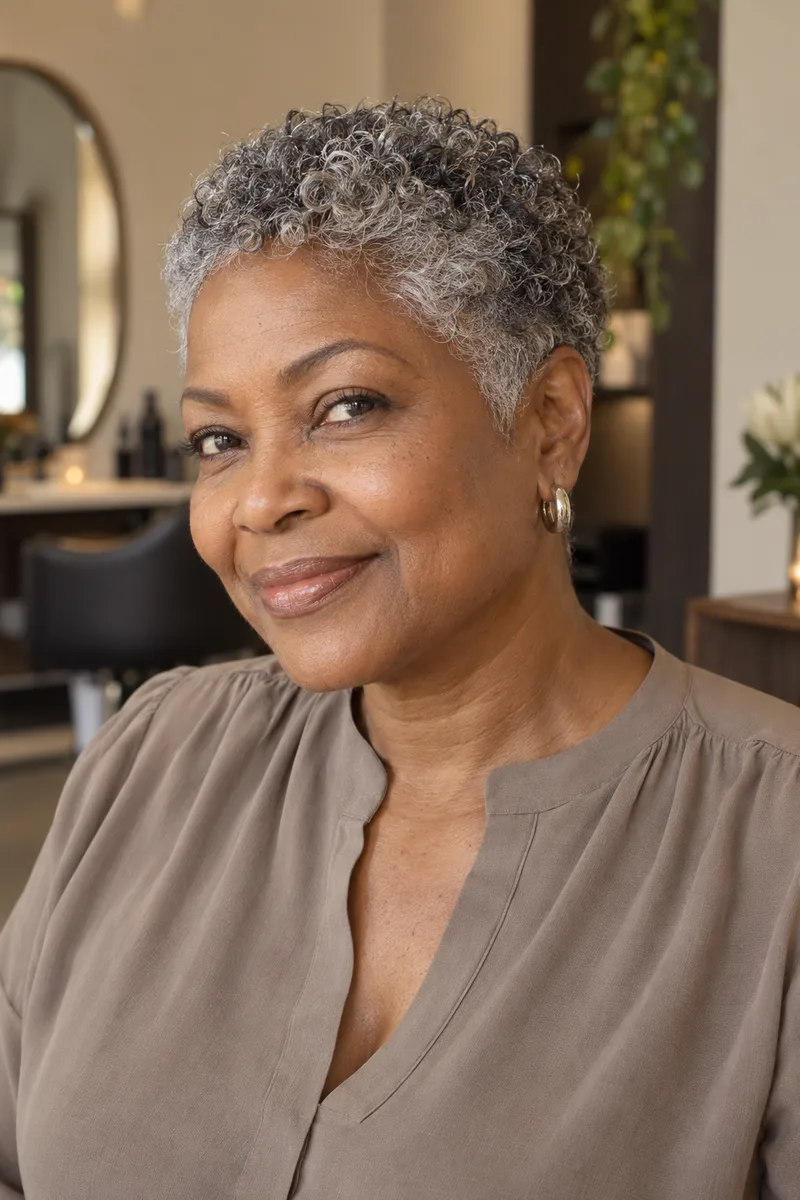 Close, softly shaped curls in salt-and-pepper tones.